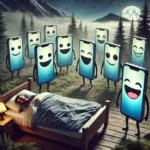 Surreal Scene of Phones with Mixed Expressions Near Bed in Dreamy Forest Setting