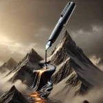 Surreal 3D Render: Pen atop Mountain with Ink Flowing as a Waterfall – Artistic Landscape Visual