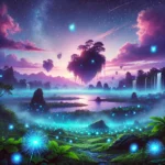 Surreal Fantasy Landscape with Floating Islands and Bioluminescent Plants at Dusk