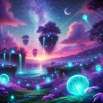 Step into a surreal world at twilight, featuring floating islands adorned with waterfalls, glowing bioluminescent plants, and a serene lake. This magical scene captures the allure of a fantasy realm, inviting viewers to immerse themselves in a dreamlike environment.