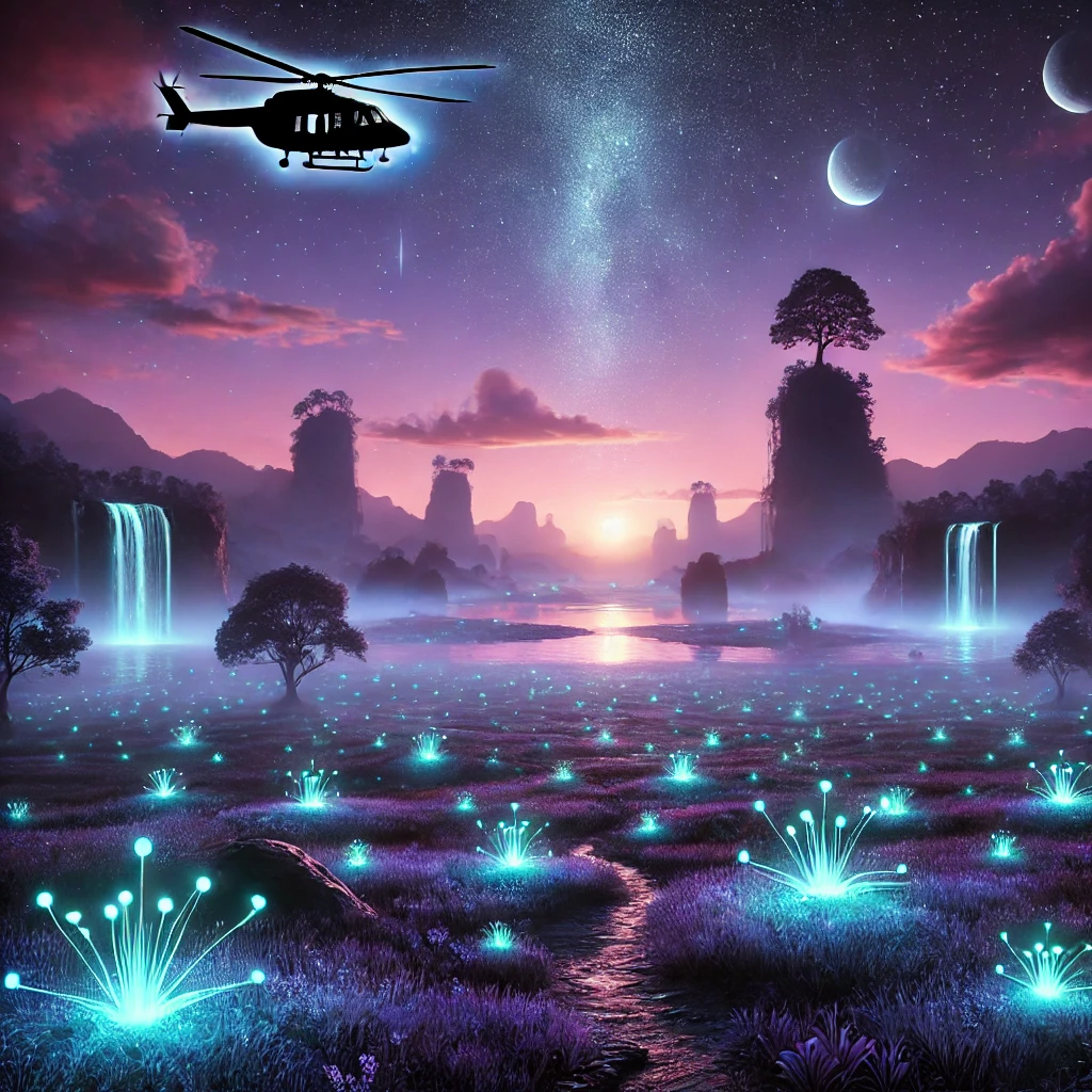 A mystical landscape under a starlit sky with two moons, a helicopter soaring above, and fields of bioluminescent plants casting an ethereal glow. This captivating night scene blends fantasy and reality, creating a unique and enchanting atmosphere.