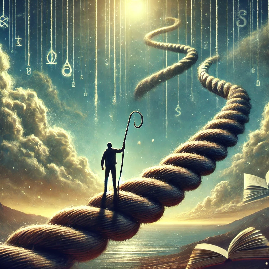 Path to Knowledge - Symbolic Rope Leading to Light in a Surreal Sky