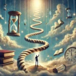 A surreal, symbolic scene featuring a figure climbing a spiraling rope toward a glowing light, surrounded by elements like clocks, books, and hourglasses. This image symbolizes the journey of life, the pursuit of wisdom, and the passage of time.