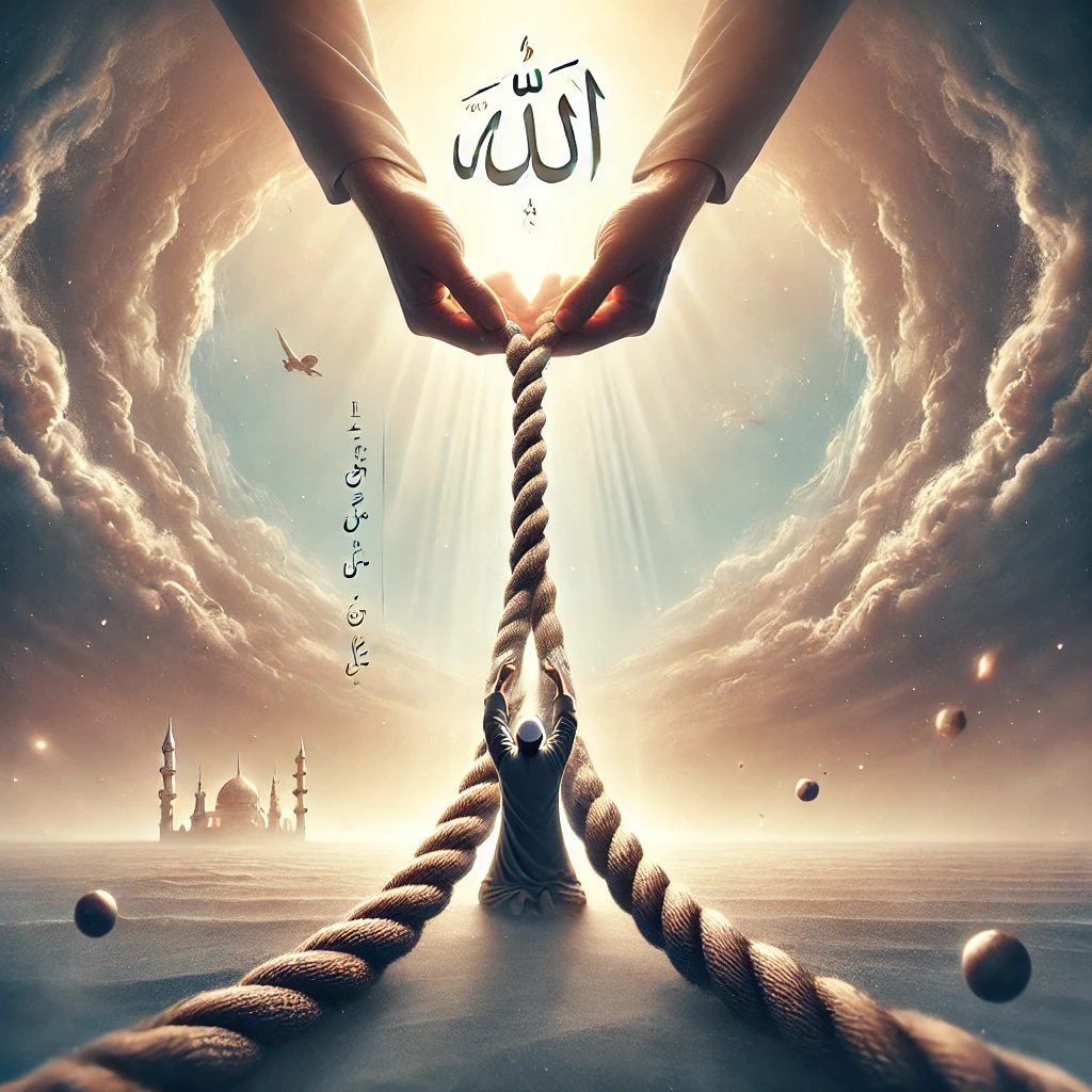 A powerful symbolic artwork depicting a figure grasping a thick rope descending from a radiant light above, with hands symbolizing divine connection. The scene conveys themes of faith, devotion, and spiritual guidance, set against a celestial background.