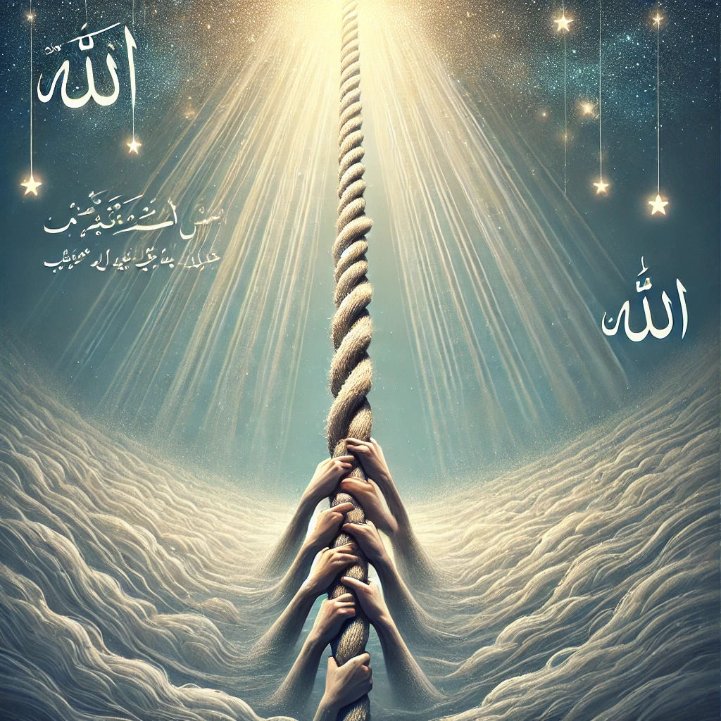 A conceptual image of multiple hands firmly holding a descending rope from a heavenly light, representing unity, collective strength, and faith. This artwork symbolizes the power of togetherness and spiritual support in reaching towards the divine.