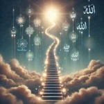 An ethereal artwork depicting a glowing stairway ascending through the clouds toward a radiant divine presence, with symbolic inscriptions floating around. This image represents a spiritual journey, enlightenment, and the pursuit of divine wisdom.