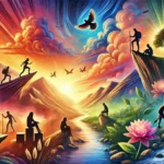 A vibrant and motivational scene illustrating resilience through life’s journey. The expansive landscape transitions from sunrise to sunset, featuring people navigating mountains, rivers, and valleys, symbolizing growth, perseverance, and hope.