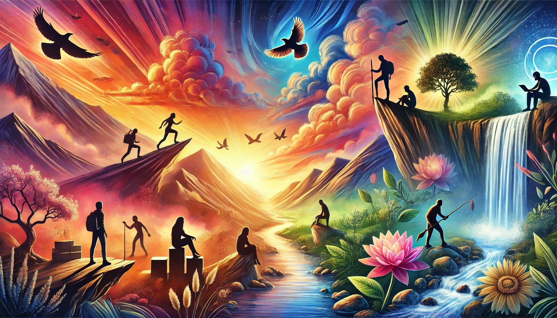 A vibrant and motivational scene illustrating resilience through life’s journey. The expansive landscape transitions from sunrise to sunset, featuring people navigating mountains, rivers, and valleys, symbolizing growth, perseverance, and hope.