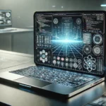 A cutting-edge concept of an AI-powered laptop with a sleek design, capable of autonomous code generation, testing, and execution. Represents the future of technology with advanced AI systems for efficient, intelligent programming.