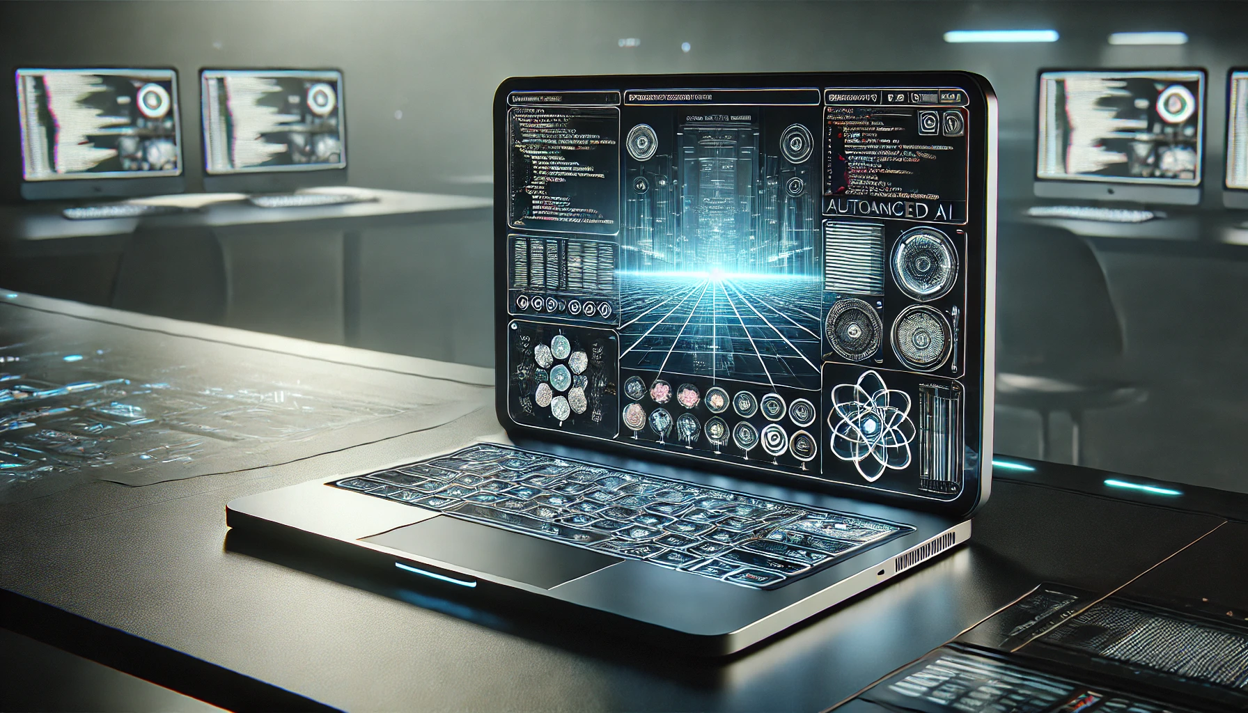 A cutting-edge concept of an AI-powered laptop with a sleek design, capable of autonomous code generation, testing, and execution. Represents the future of technology with advanced AI systems for efficient, intelligent programming.