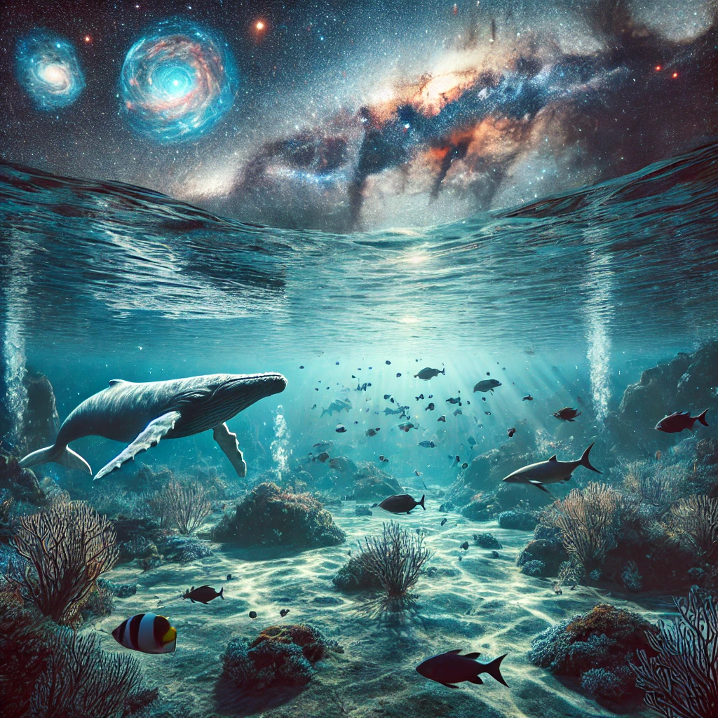 Realistic scene of a vast underwater realm where elements of space blend naturally. Realistic sea creatures such as fish and whales swim in a deep ocean