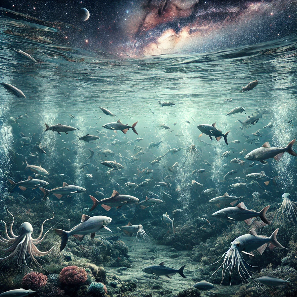 Realistic scene of a vast underwater realm with lifelike elements of space subtly blending in. Dense, natural schools of fish are seen