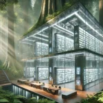 Futuristic library hidden deep within a lush forest, with sleek glass and metal architecture integrated into large trees.