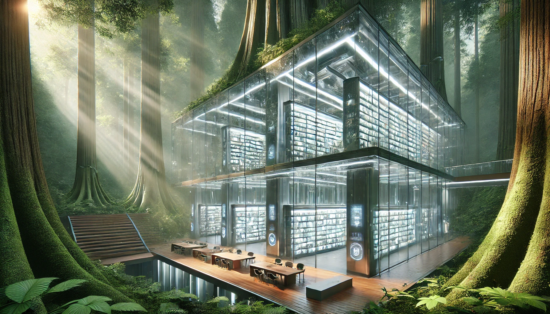 Futuristic library hidden deep within a lush forest, with sleek glass and metal architecture integrated into large trees.