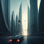 Futuristic Cityscape with Flying Vehicles and Neon Lights