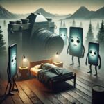 Melancholic Surreal Scene with Giant Camera and Sad Smartphones by Bed