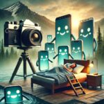 Surreal Mountain Scene with Happy Phones and Oversized Camera