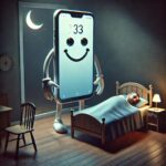 Surreal Smartphone Figures Watching Over Bed in Dreamy Night Scene