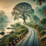 A scenic road beside the River Ravi with a large tree on the riverbank. The road winds gently along the river, framed by lush greenery and a few scatt