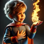 realistic image of a young child dressed as a superhero, holding a small flame on their palm. The child is wearing a simple superhero costume with a flame on his palm