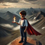 realistic image of a young child dressed as a superhero, standing on a mountain peak, holding a small flame on their palm.