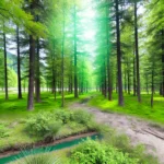 realistic photograph of Forest in Pakistan, showcasing the dense, lush green forest with tall trees and thick foliage.